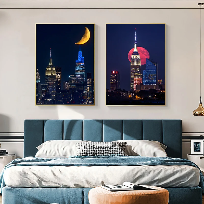 Big Empire State Building Moon Canvas Landscape Painting Wall Art Decor Eiffel Tower At Night Famous Buildings Posters Prints