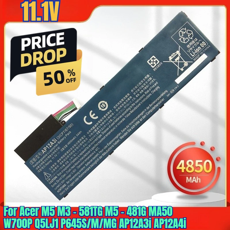 

11.1V 4850mAh Laptop Batteries for Acer M5 M3 - 581TG M5 - 481G MA50 W700P Q5LJ1 P645S/M/MG AP12A3i AP12A4i