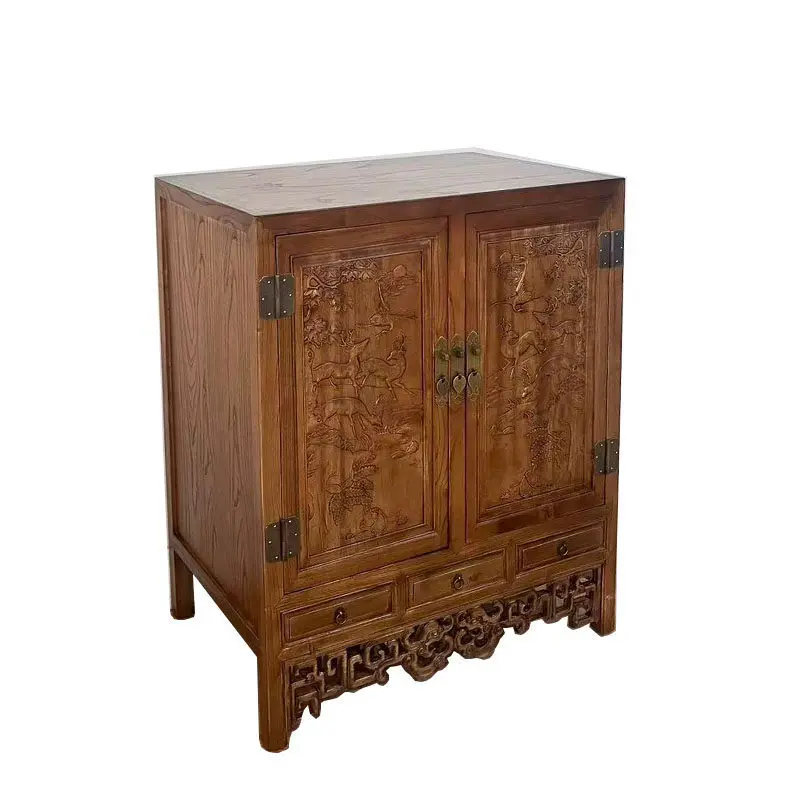 Elm flower and bird carved entrance cabinet solid wood rotating medicinal material cabinet Chinese retro style log furniture