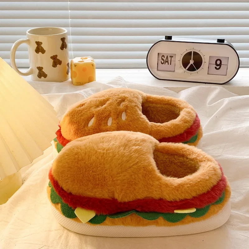 

Женские зимние теплые тапочки с милым мультяшным рисунком гамбургера, домашние напольные тапочки на платформе, с толстой подошвой, мягкие плюшевые, для девочек, пушистые, для дома