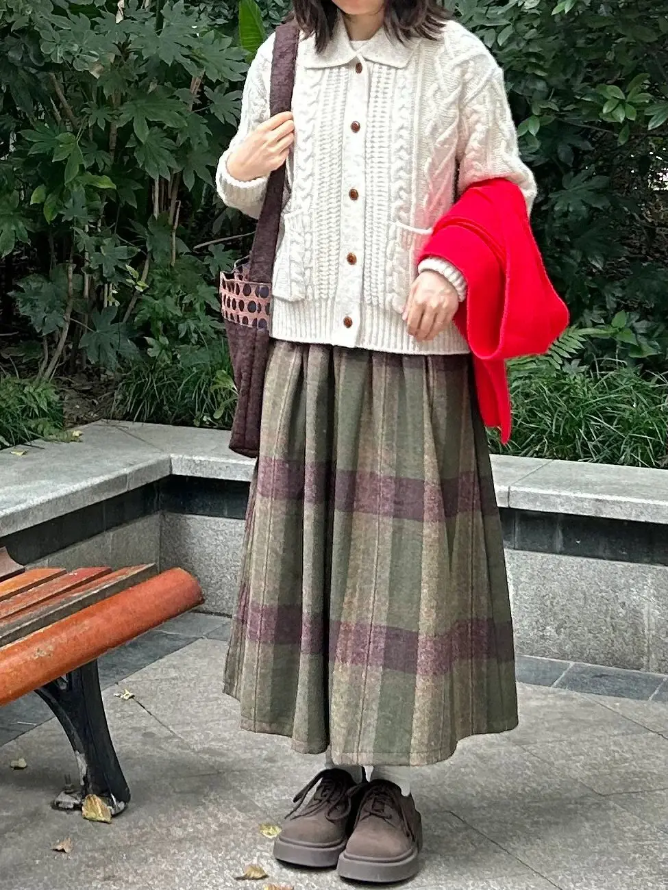 Women Green Plaid Faux Wool Midi Skirt - Winter Warm A-line Vintage Style Midi Skirt Sweet Students Girls Elastic Waist Japanese