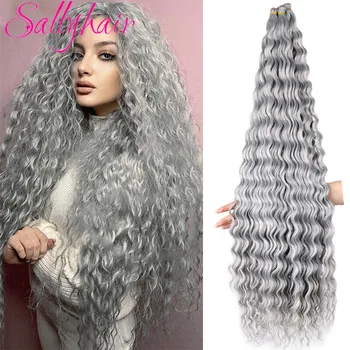Sallyhair sentetik uzun derin dalga tığ saç gri okyanus dalga 32 inç Afro bukleler sarışın gri Ombre örgü saç uzantıları