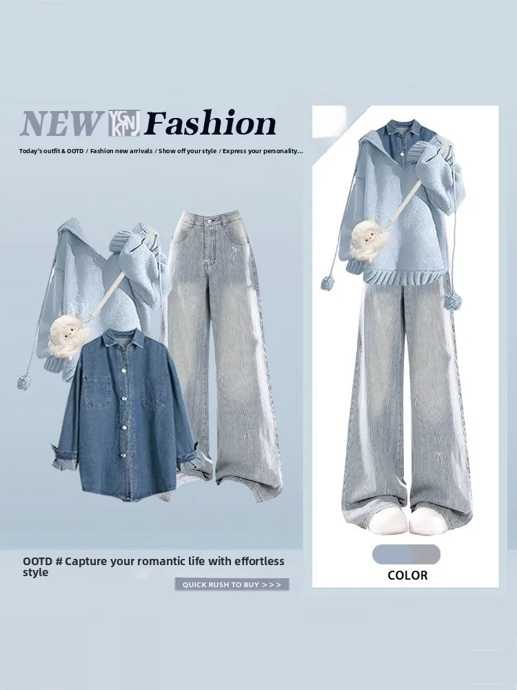 الشتاء كلية Sle محبوك قبعة مجموعة مع الدنيم irt وسراويل واسعة الساق ضئيلة المحملة قطعة مجموعة المرأة Faion الزي غير الرسمي