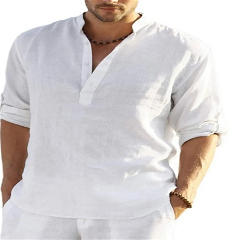 Summer men's plus size casual cotton and linen solid color long sleeve shirt loose collar button stitching fashion shirt