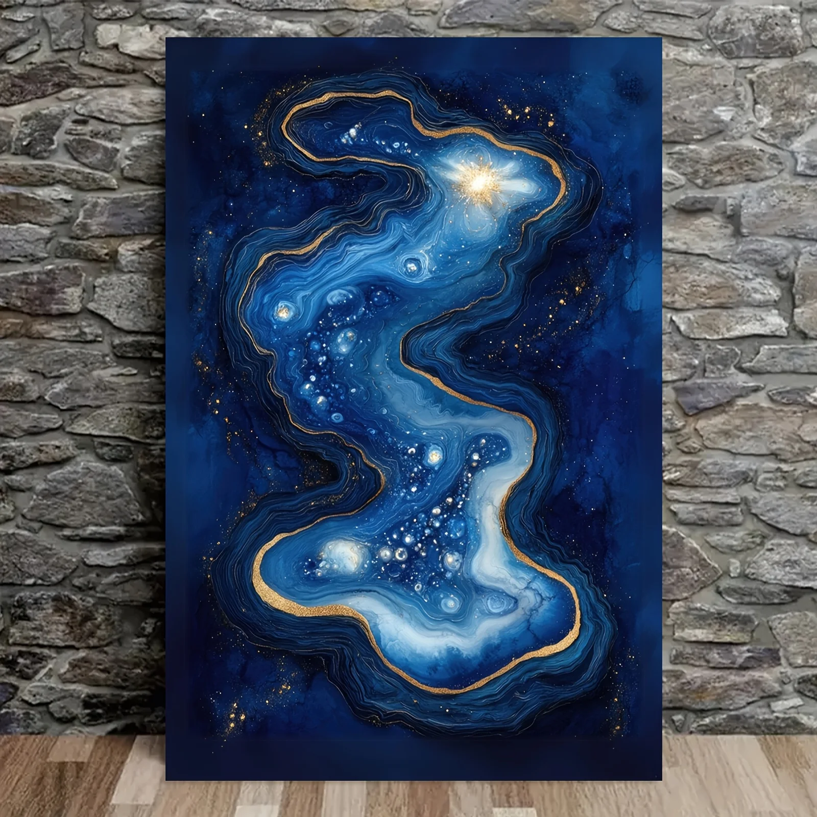 1pc Celestial River Stars Flowing Canvas Wall Art, Frameless 12x18 Inches - Cosmic Blue and Golden for galaxy Design, Ideal for