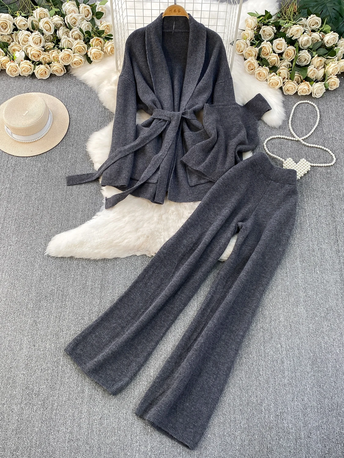 

Autumn Winter Lazy Sle oulder Coat Medium Length Waist Slimming Top Base irt Wide Leg Pants Tee Piece Set for Women