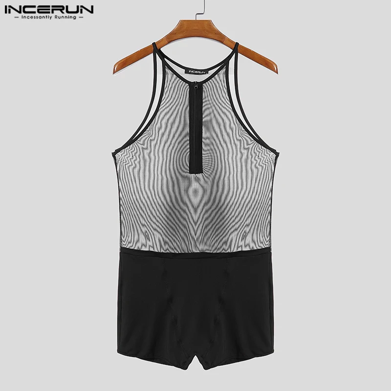 

INCERUN Men Bodysuits Mesh Patchwork See Through Sleeveless Zipper Male Rompers Playsuits Sexy Streetwear 2025 Bodysuit S-5XL