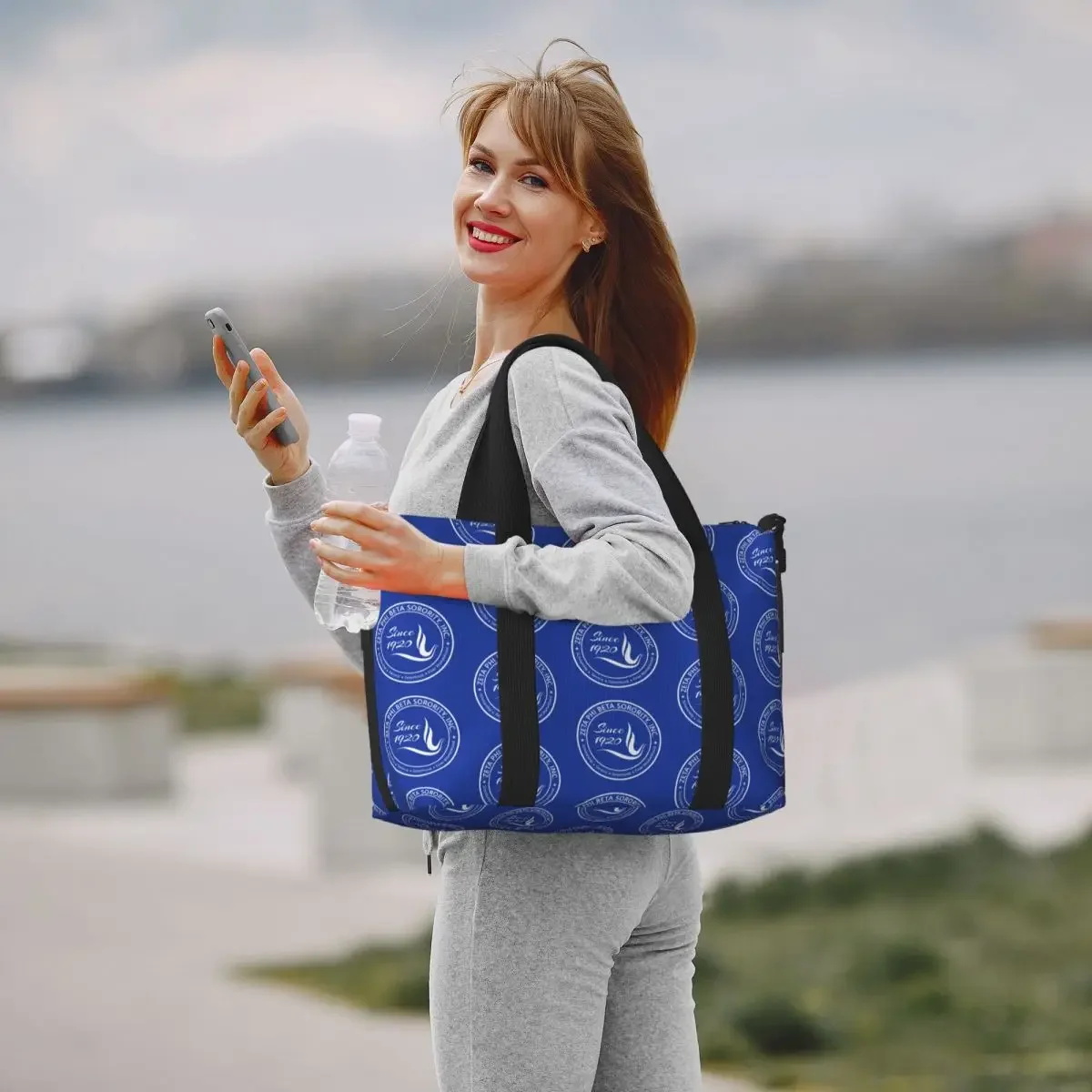 Custom Zeta Phi Beta Logo Blue Tote Bag Women Big Capacity Greek Letter 1920 ZOB Beach Gym Travel Bags