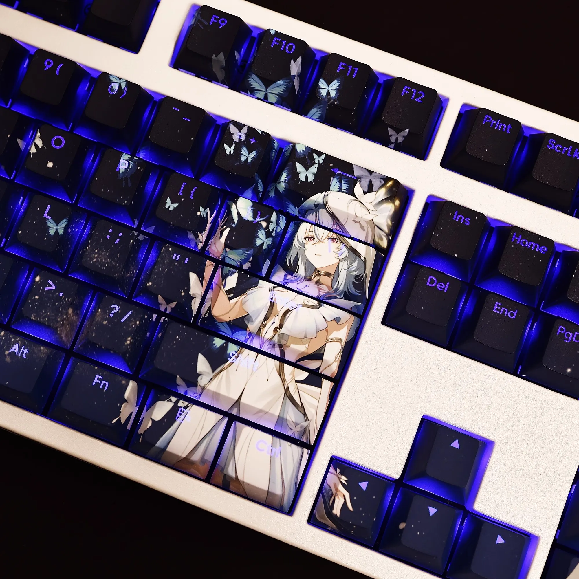 Imagem -04 - Shorekeeper Pbt Backlit Teclado Anime Gaming Key Caps para Ansi 61 87 104 108 Chaves Grupo Desenhos Animados Ondas 108 Chaves o