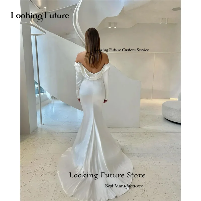 Customized Simple Satin Mermaid Long Wedding Dress Sexy Off Shoulder Formal Pleat Boat Neck Vintage BacklessZipper Bridal Grown