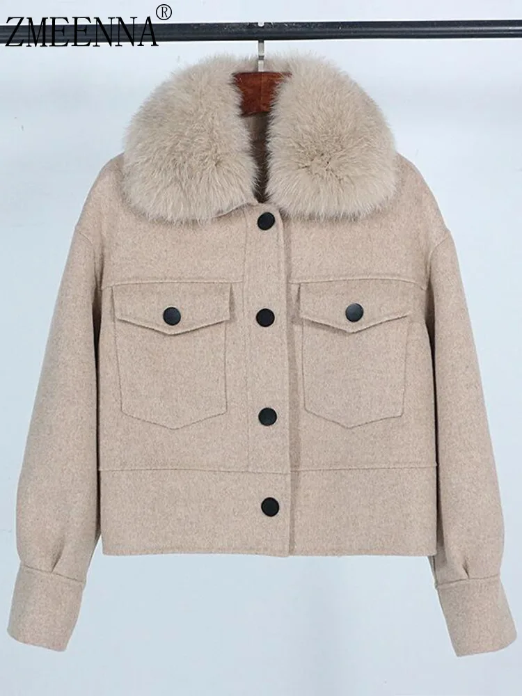 

ZMEENNA Beige Faux Fur Collar Wool Blend Jacket For Women Stylish Short Bomber Style Coat With Pockets Winter ZM3608