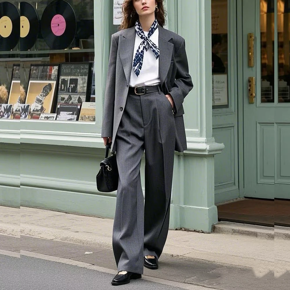 Dark Grey Loose Women two Pieces Suit Set Single Breasted Notch Lapel Jacket Pant Set Custom Suit Office Daily Female Clothing