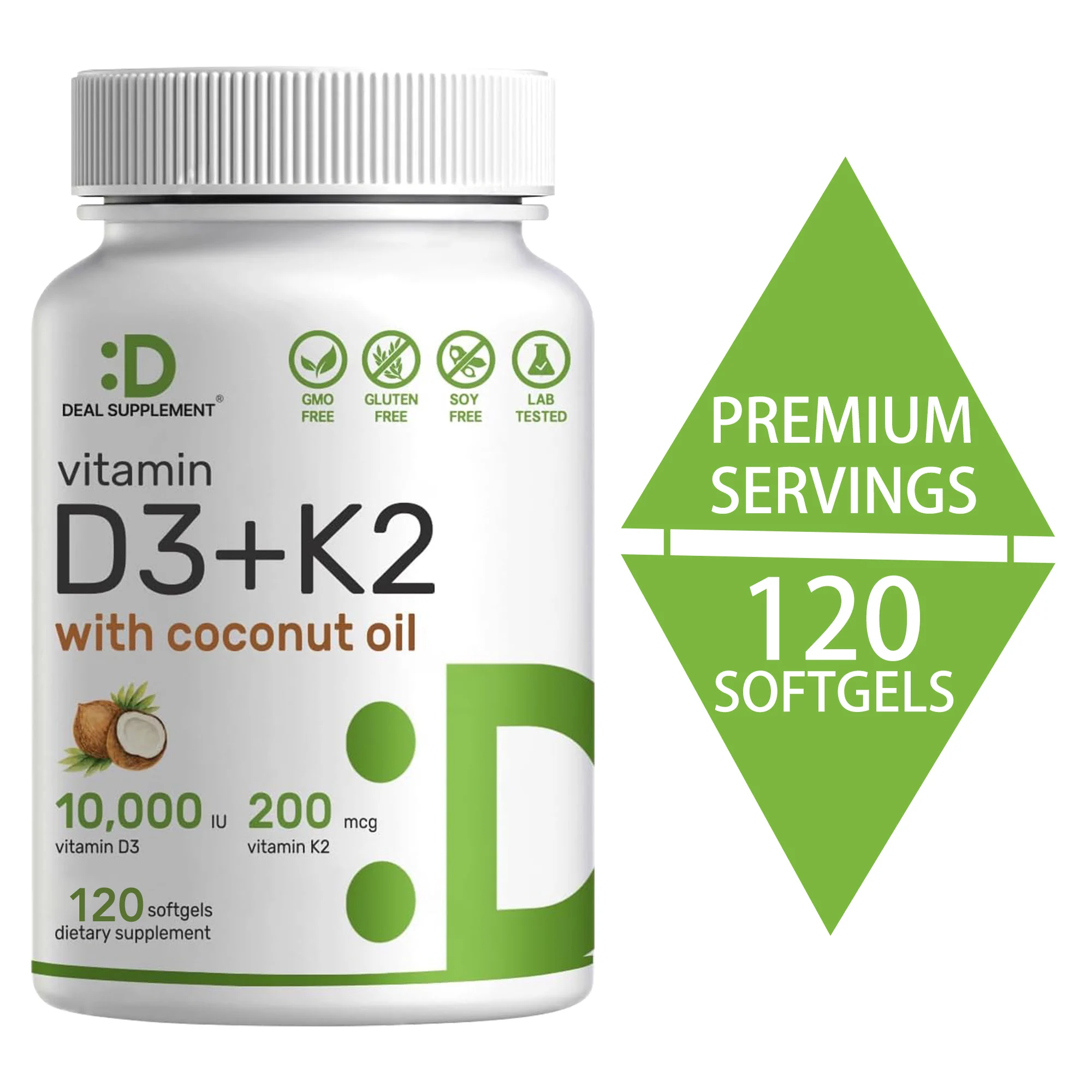 

Vitamin D3 + K2 with Coconut Oil - 2-in-1 Complex To Promote Heart Health, Bone Strength, Immune Defense, and Improve Absorption
