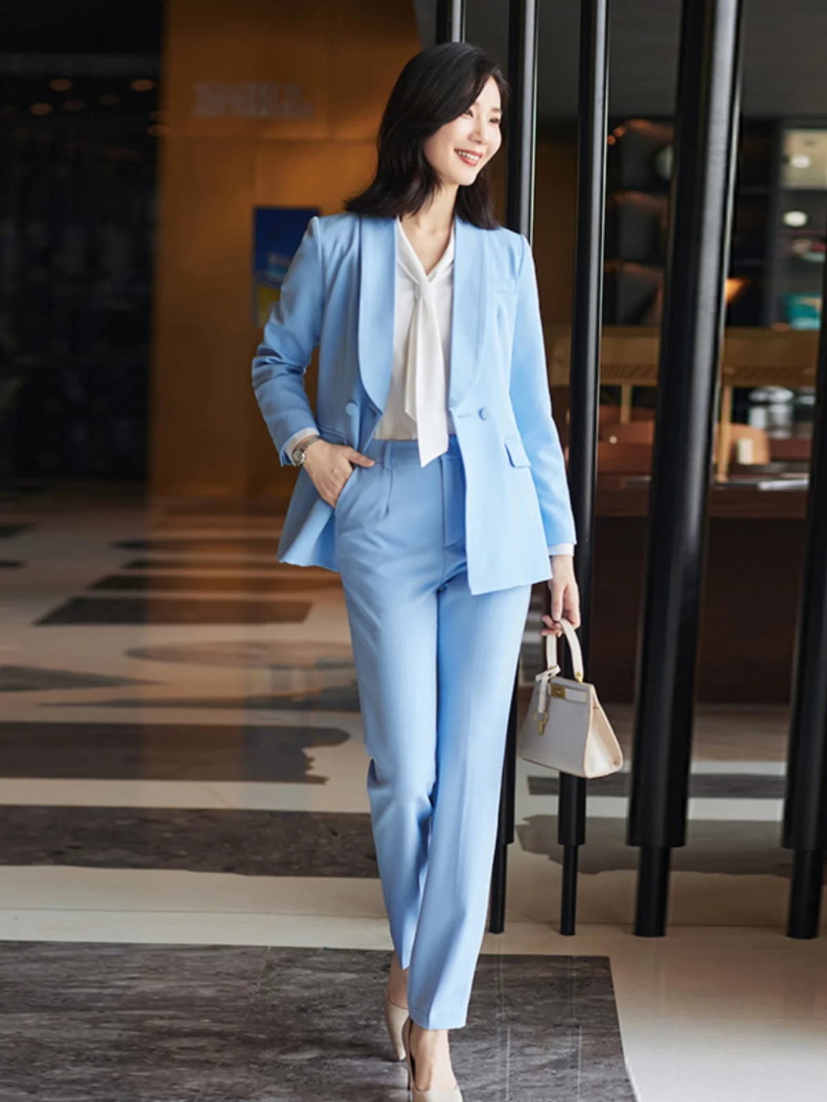 Elegant Female Host Suit 2024 Spring Fashionable Professional Workwear Broadcast Art Exam High-End Feel Polyester Long Sleeve