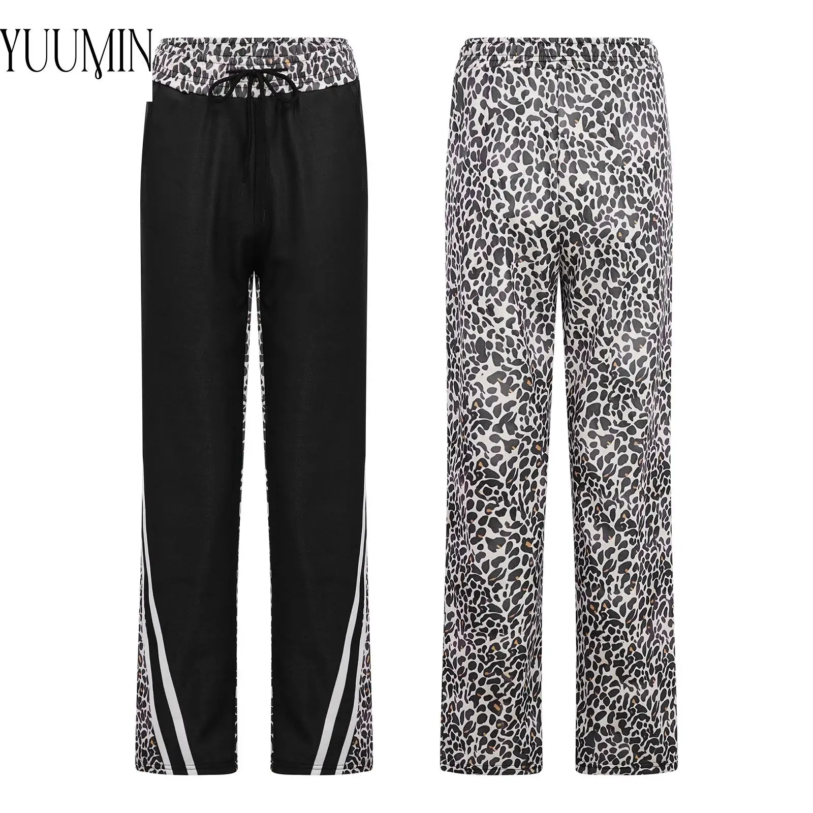 Womens Stretchy Sports Pants Leopard Print Striped Pants Straight-Leg Sweatpants for Hip Hop Street Dancewear Skateboarding
