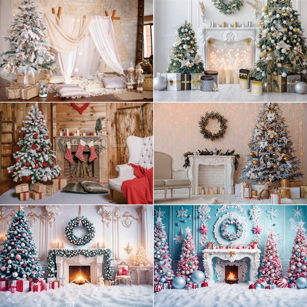 

MOON.QG Christmas 2025 Photo Studio Background Xmas Trees Fireplace Backdrops Western Living Room Party Decorations Back Drop