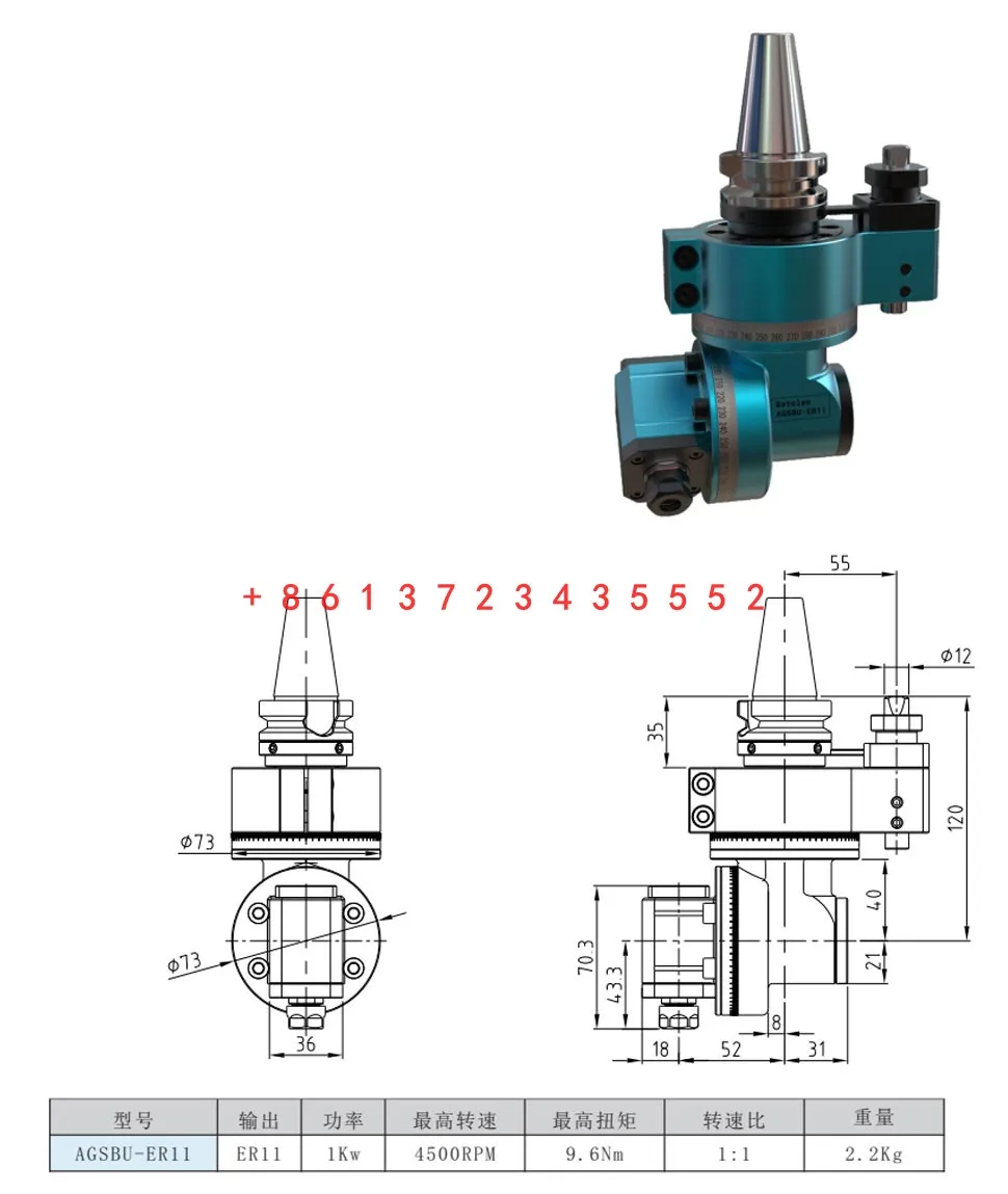 BT30 ER11/16/20/25 pequena cabeça angular CNC leve cabeça de fresagem lateral universal