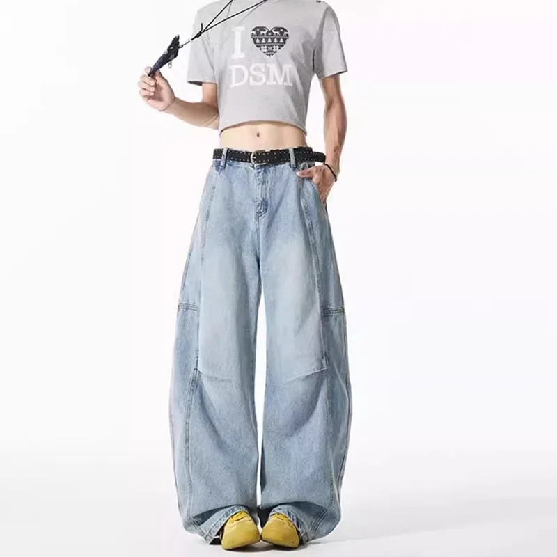 Spring And Summer Retro Blue Curved Knife Jeans Korean Version Men'S Loose Straight Leg Pants Wide Leg Casual Pants