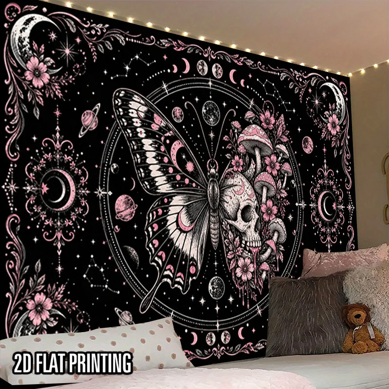 Bohemian Gothic Skull Butterfly Moon Tapestry Wall Hanging Boho Aesthetic Room Decor Art Print Tapestry Fairy Grunge Celestial P