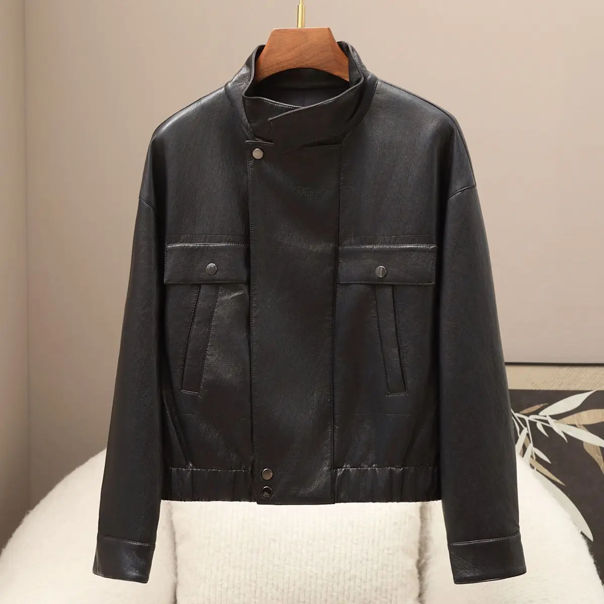 Nova Jaqueta Feminina Retrô Americana de Couro PU com Gola Alta e Caimento Solto