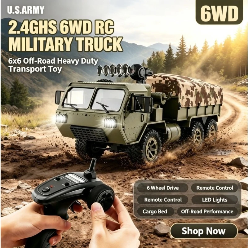 2.4GHz 6WD RC Military Transport Truck Model 6x6 Off-Road Heavy Duty Vehicle Toy for Kids Boys Gift