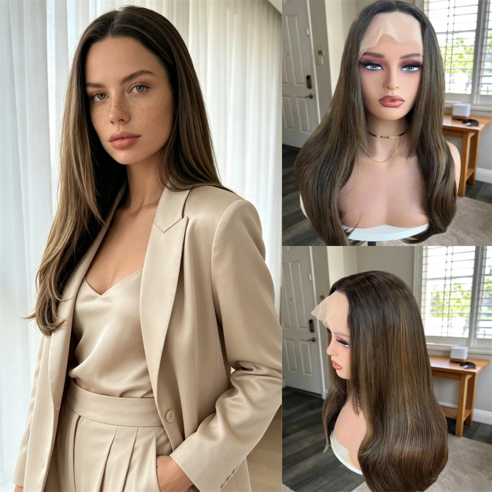 HD Invisible Transparent Lace Wig Synthetic Wig 13x4 Ombre Brown with Honey Streaks Highlights Lace Front Wig Blended Human Hair
