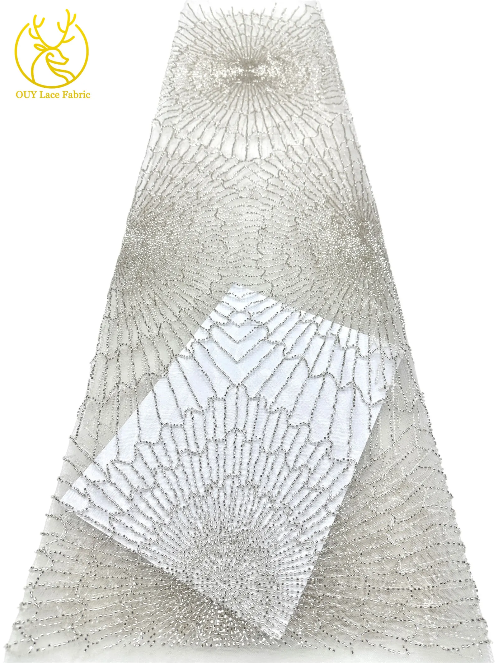 Luxuriöser afrikanischer, stark perlenbesetzter Spitzenstoff, goldene nigerianische Perlen-Spitze, französischer Tüll-Spitzenstoff für Brautkleider und Hochzeitskleider zum Nähen – Detail 17