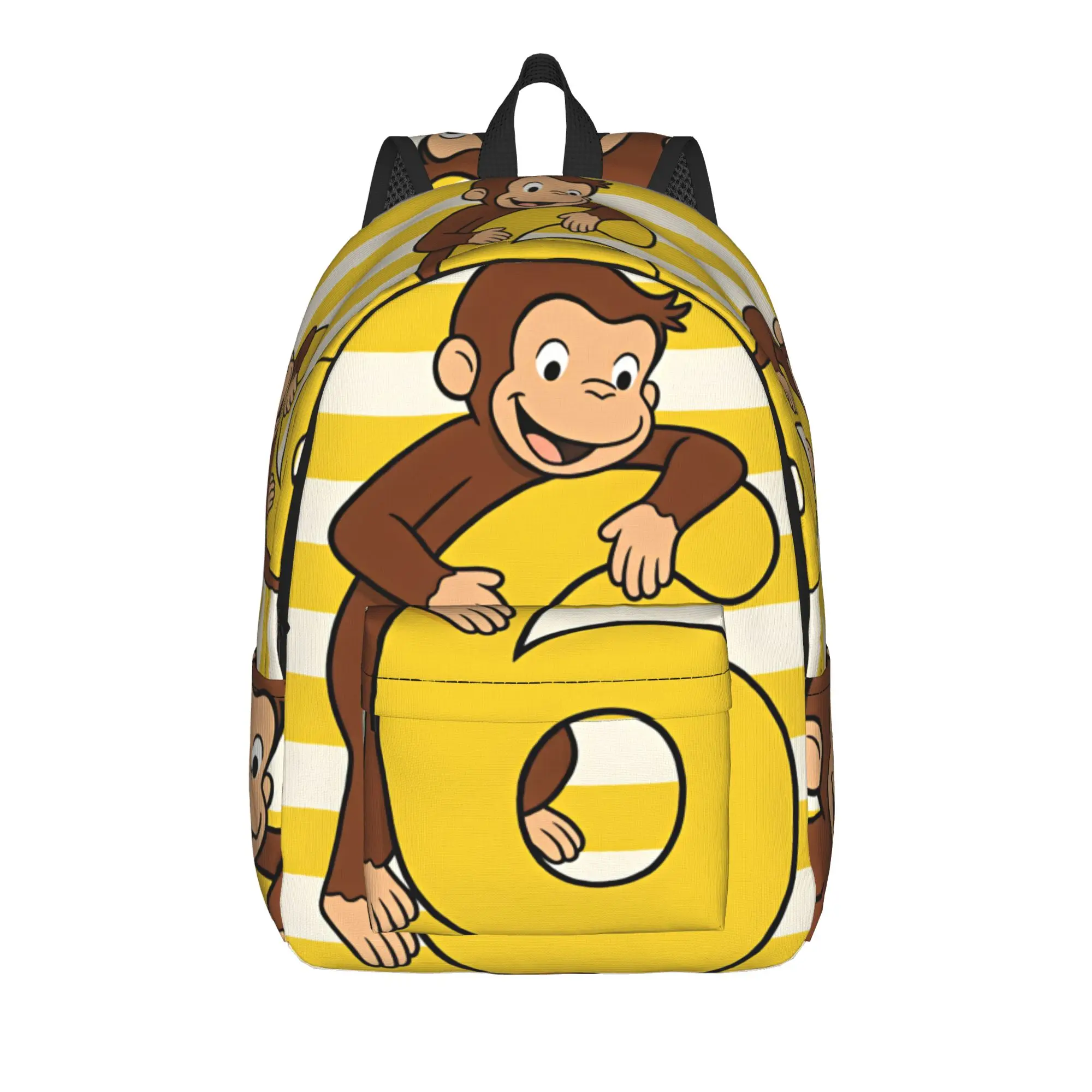 Curious George Number Six Stripes Backpack Student Unisex Backpacks Polyester Elegant High School Bags Daily Design Rucksack