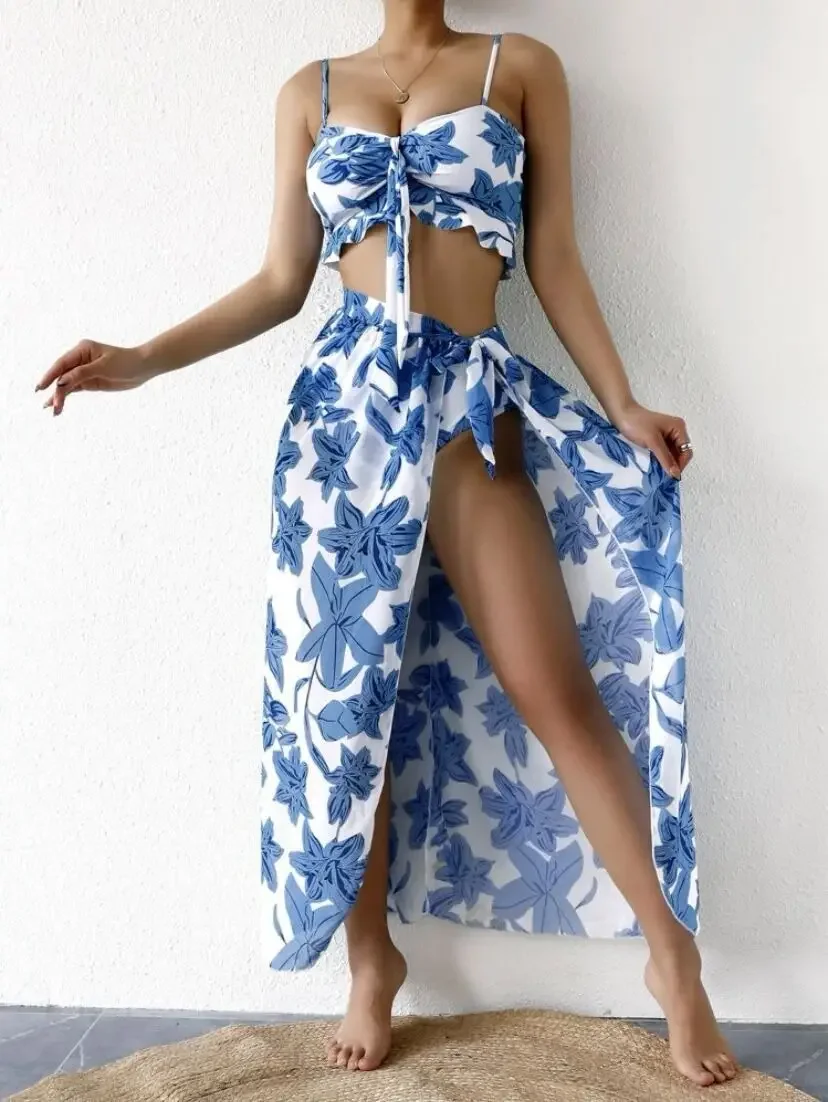 2025 Sommer Boho Blumen Bikini Set Bandeau Top & Tie-Side Bottom Maxikleid Cover Up Damen Sommer Träger 3-teilige sexy Bademode