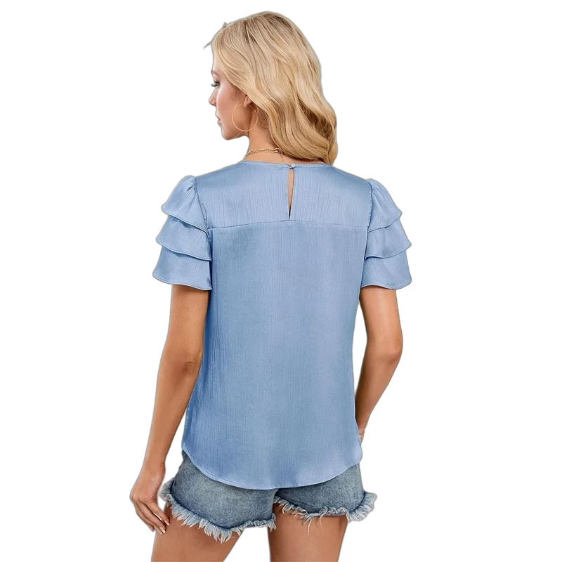 

NEW-Womens Satin Dressy Casual Blouses Ruffle Sleeve Textured Tops Shirred Summer Shirt