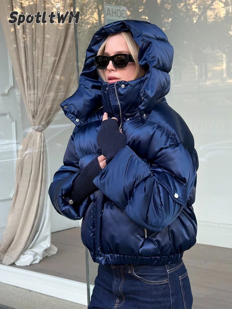 Women's Cropped Hooded Puffer Coat Stand Collar Zip Up Shiny Flap Pocket Padded Jacket Winter Warm Street New Lady Outerwear