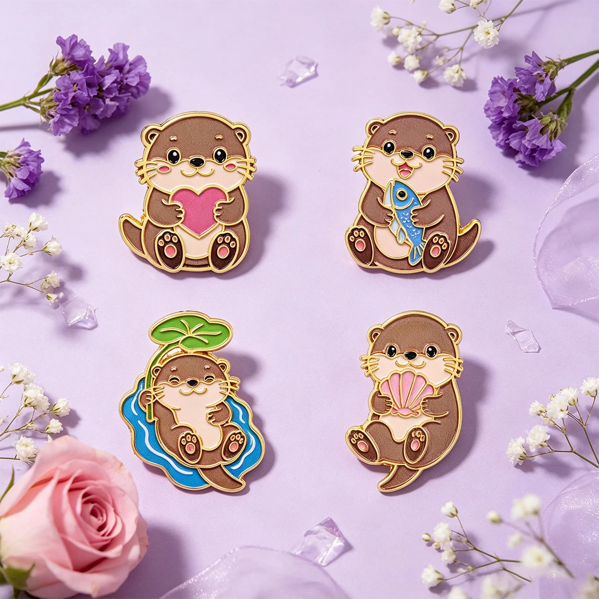 Cute Otter Enamel Pin Lovely Sea Otter Holding Heart Brooch Pines Lapel Pins Badge Clothing Accessories Animal Jewelry Gifts