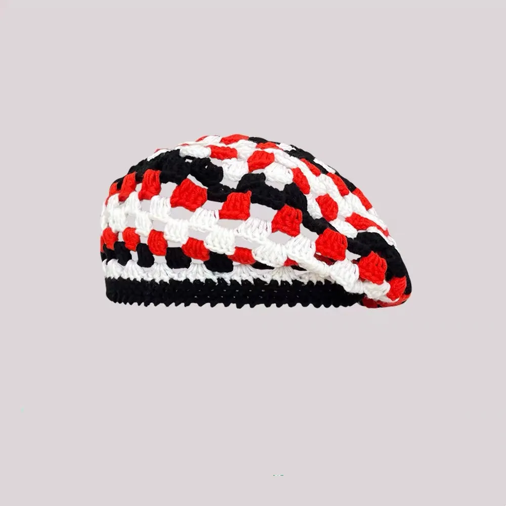 Men'S And Women'S Handmade Crocheted Color Blocked Hollow Beret, Autumn And Winter Wave Knitted Special Color Artist Hat