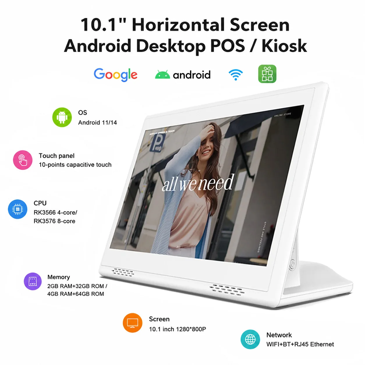 10.1 Inch L Shape Android POS System Touch Tablet RK3576 8-Core Android 14 4G+64G Self Service Kiosk Loyverse Restaurant Menu