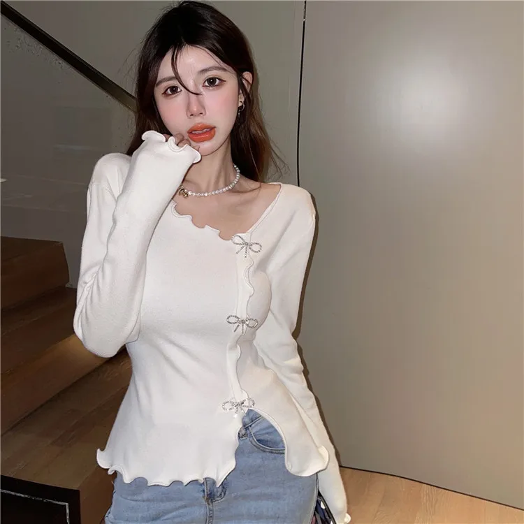 Korean Bow Tie Wood Ear Hem Bottom Knitted Shirt Women Slim Long Sleeve T-shirt Top