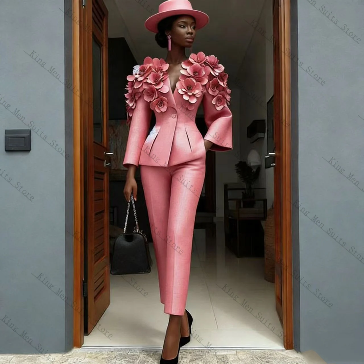 

Pink Women Suit Set 2 Pcs Blazer+Pants Trousers Spring 3D Flower Customized Formal Guest Wedding Tuxedos Coat Prom Party Jacket