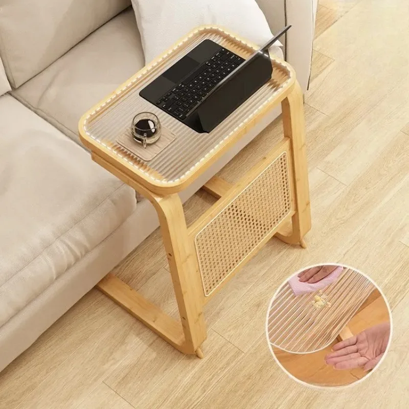 

C-Shaped End Table with Glass Top, Solid Wood Modern Side Table for Sofa & Bedside, Multifunctional Corner Table