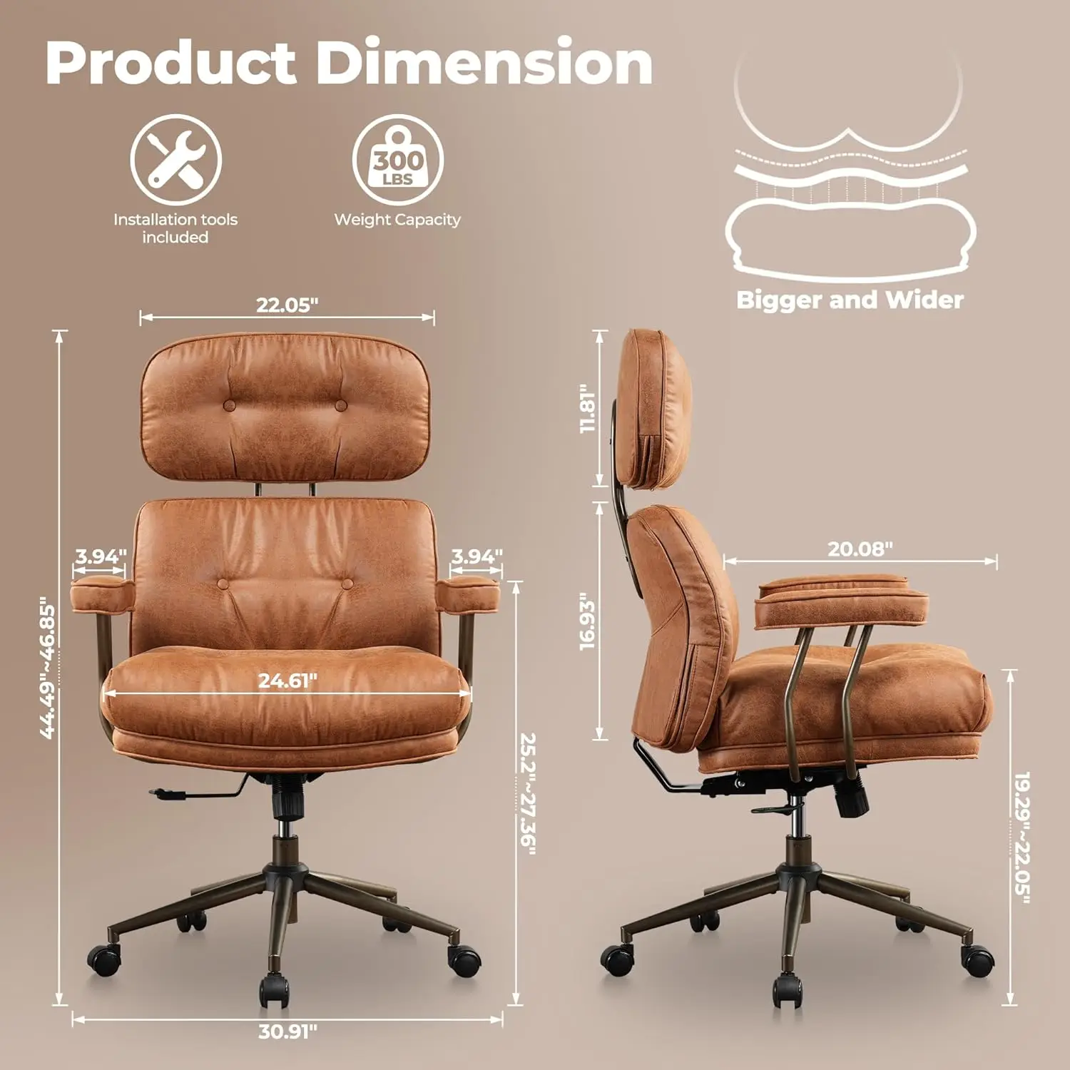 Ergonomische thuiskantoorstoel Mid Century moderne lederen stoel met lendensteun Draaibare rollende directiestoel met hoge rugleuning