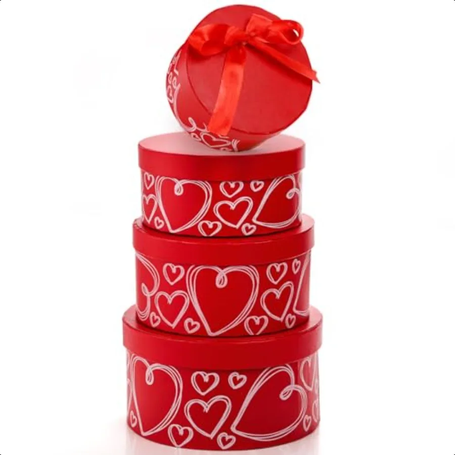 

4 Pack Round Gift Boxes with Lids Red Nesting Gift Boxes Stackable Flower Boxes with Ribbon for Arrangements Wedding Birthday V