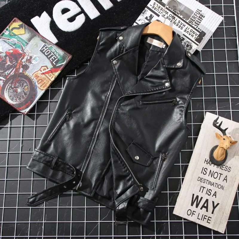 

Осенне-зимний новый короткий стильный костюм без рукавов из искусственной кожи с воротником в стиле панк, универсальный жилет, жилет с поясом