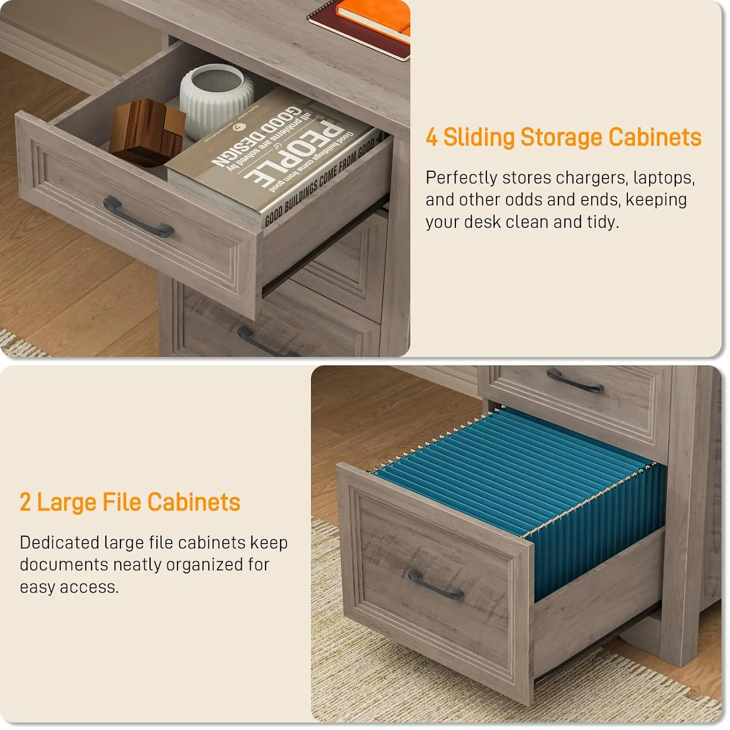 L Shaped Executive Desk 6 Drawers Power Outlets Storage Shelf File Cabinet Corner Computer Desk Grey, Customized