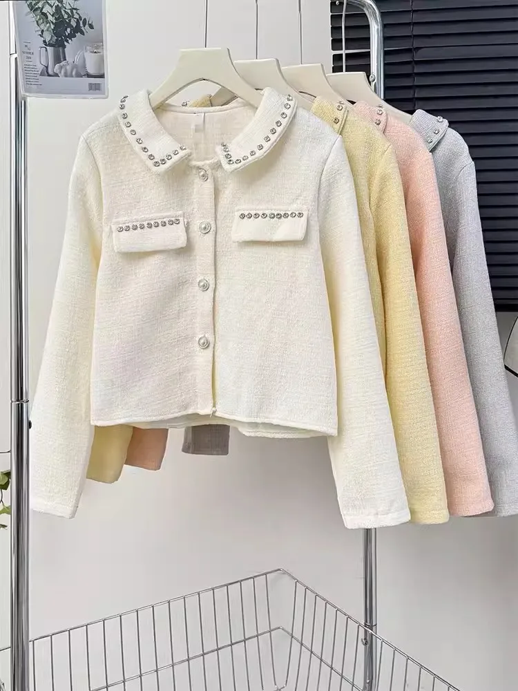 

Diamond Studded Lapel Long Sleeved Knitted Cardigan Women Autumn Single Breasted Tops