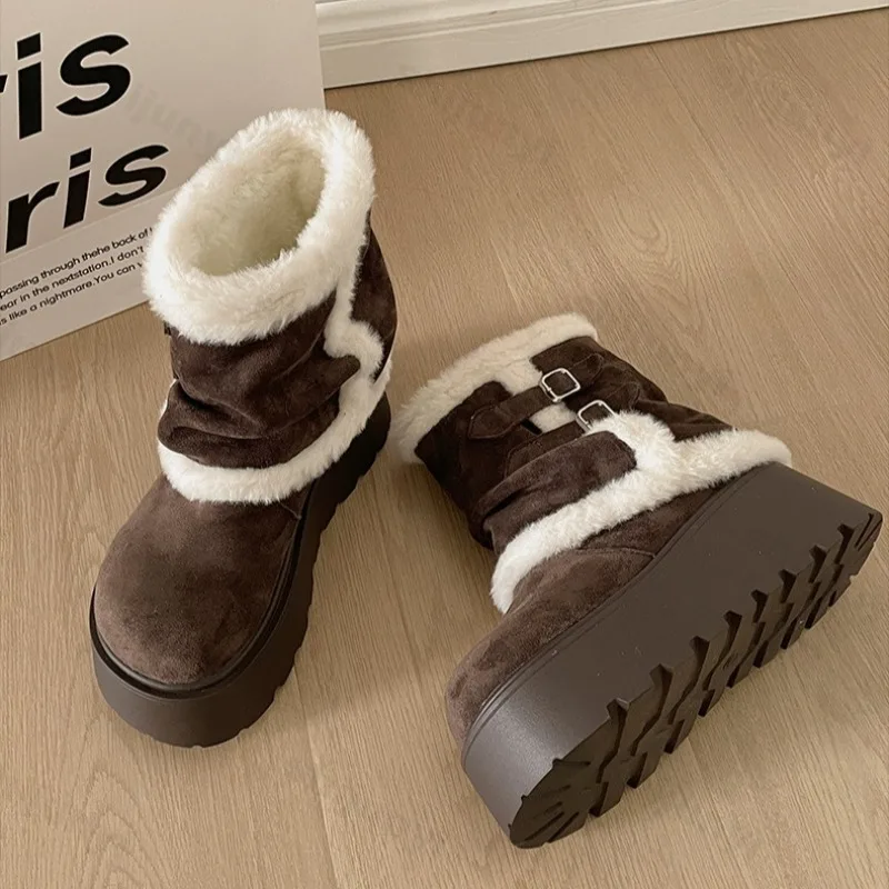 

Fashion Belt Buckle Women Snow Boots Winter New Vintage Comfort Platform Cotton Shoes Plush Thicken Height Increase Short Boots