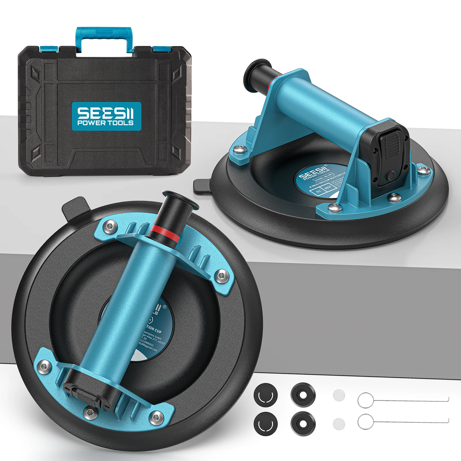 SEESII 8" Vacuum Suction Cups 2-Pack Lifting Large Tile with Handle Pump 200KG Load Capacity Heavy Duty Lifters for Glass Metal