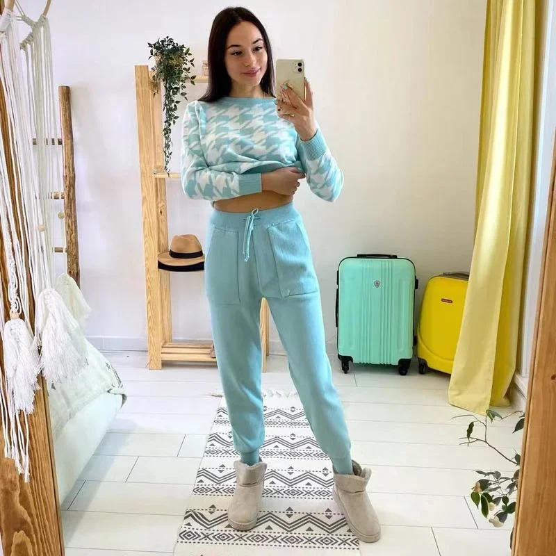 Houndstooth Knit Womens Tracksuits Fashion O Neck Woman Pullovers + Harem Pants Two Piece Sets Winter Outfits Four Color