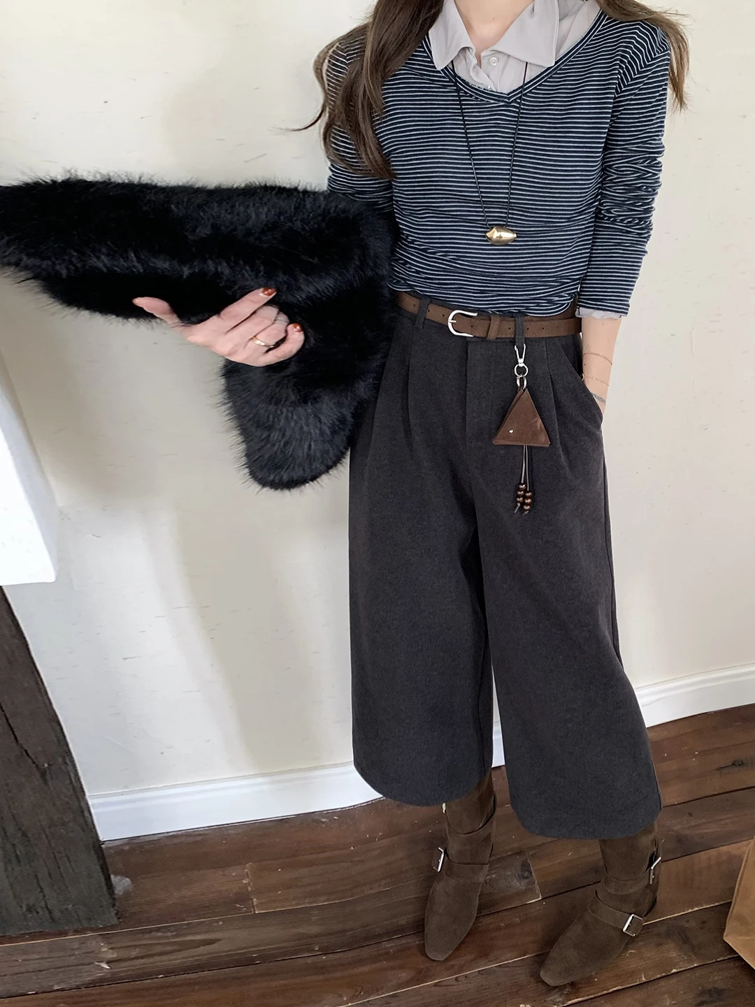 하이웨이스트 루즈핏 두꺼운 브라운 울 와이드 레그 팬츠 여성 가을 겨울 신상 스트레이트 컷 슬리밍 7부 바지