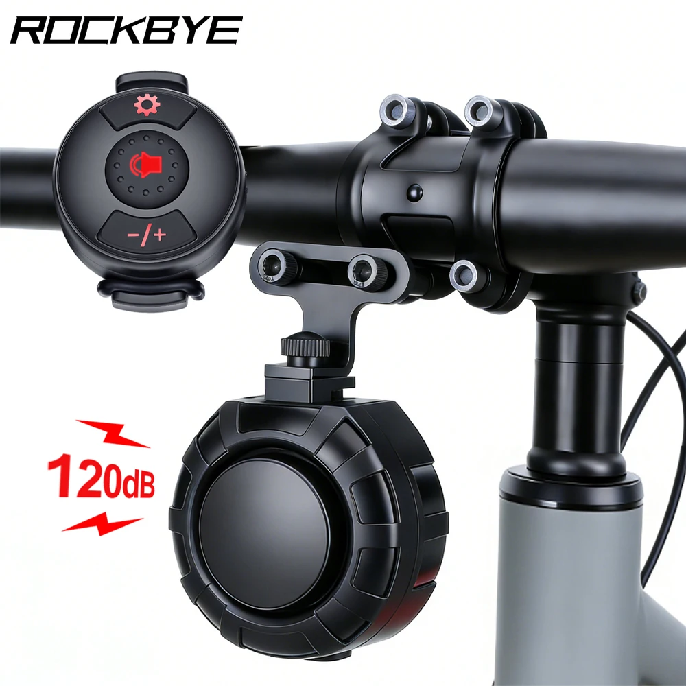 Rockbye Fahrrad-Elektroklingel 120dB USB-Aufladung MTB Roller Rennrad Lenkerhorn 6 Modi Alarmton Fernbedienung