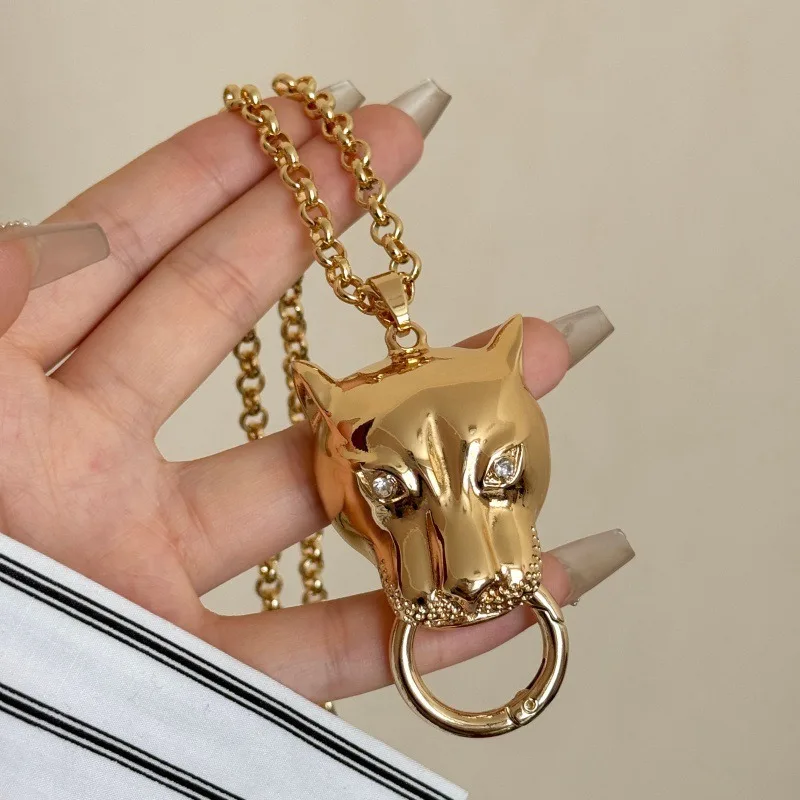 Vintage Emaille Leopardenkopf Anhänger Halsketten für Damen und Herren, Übertriebene Metallkette, Dicke Pulloverkette, Modisches Accessoire – Detail 7