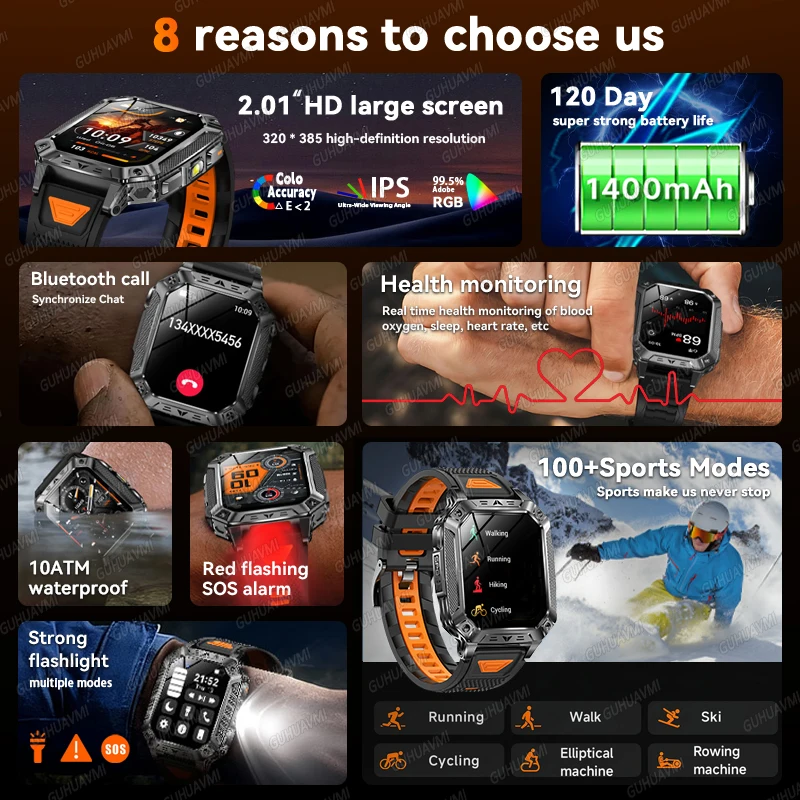 Outdoors Sport Smart Watch 2.01inch Custom dial 1400mAh Waterproof Voice call Music Blood oxygen Sport Smartwatch Fitness Men
