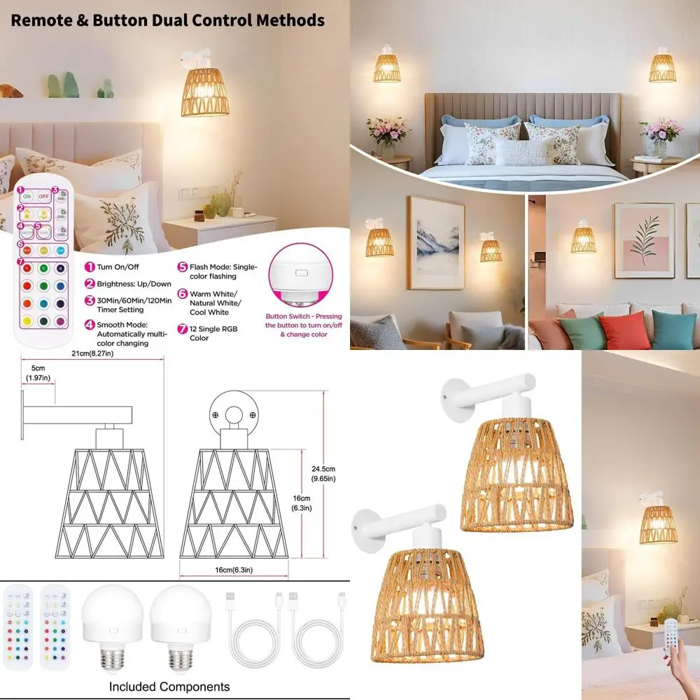 

Пара перезаряжаемых настенных бра USB, дизайн из ротанга в деревенском стиле, RGB-подсветка с дистанционным управлением для домашнего декора